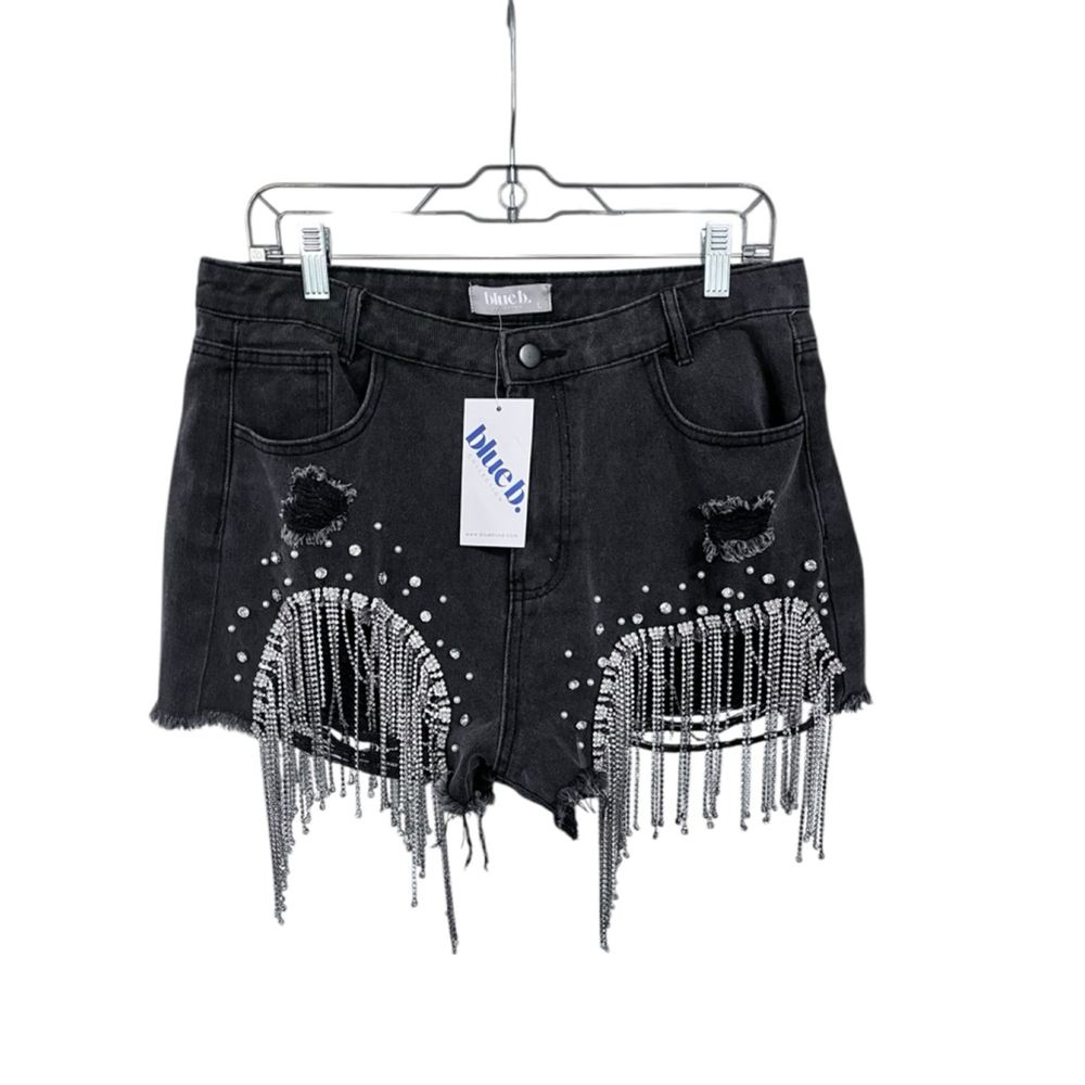 Black Distressed Jean Shorts with Fringe by Abrand